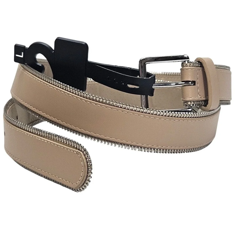 Tan Beige Full Zipper Detail Belt Women's Size L Fashion Accessory